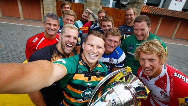Dylan Hartley holds the trophy at the Premiership launch