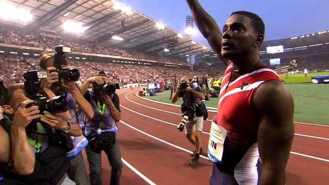 Justin Gatlin celebrates winning the 100m at the Diamond League in Brussels