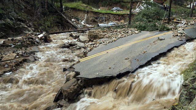 A flood-damaged road in Boulder County. Colorado, in September 2013