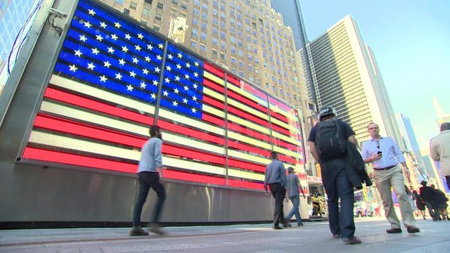 American flag in lights on New York Street
