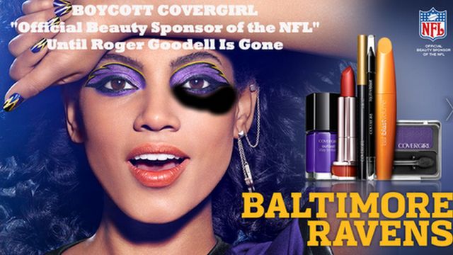 Altered CoverGirl ad shows woman with a black eye