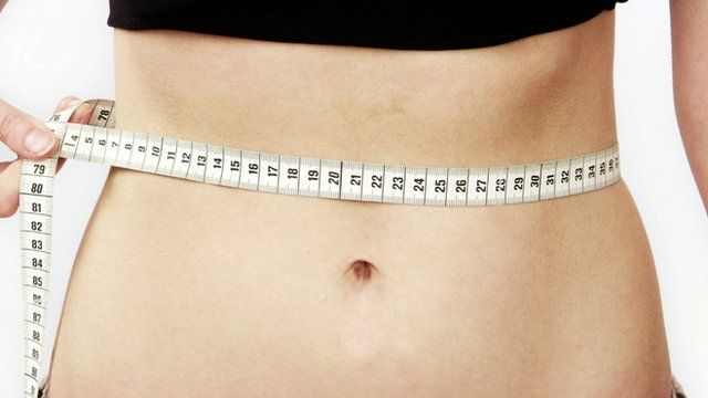 Close up of woman's bare waist with tape measure around it