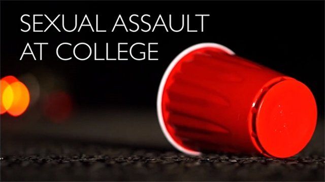A cup on the ground outside a party with the title 'Sexual Assault at College'