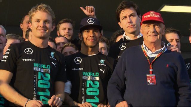 Mercedes' Nico Rosberg, Lewis Hamilton, Toto Wolff and Niki Lauda