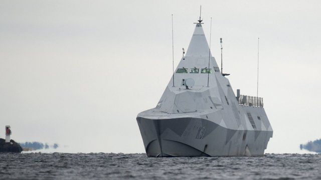 The Swedish corvette HMS Visby in Mysingen Bay on 21 October, on a fifth day of searching for a suspected foreign vessel in the Stockholm archipelago