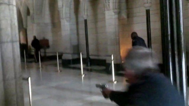 Bullets being fired inside the Canadian parliament building