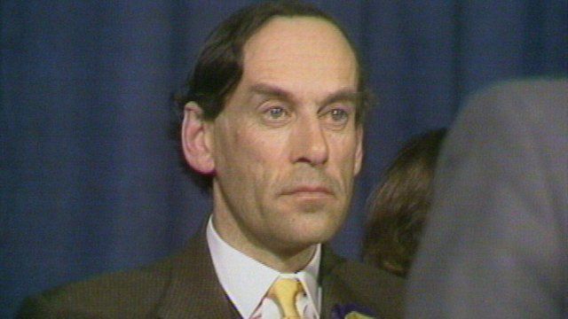 Jeremy Thorpe reacts to his defeat in North Devon
