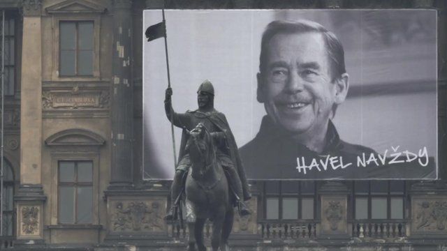 Poster of by Vaclav Havel by statue of St Wenceslas
