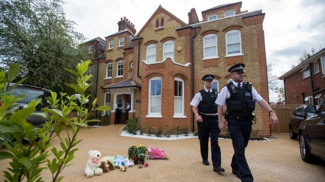police at a house in New Malden, south London, after the discovery of three dead children at the address