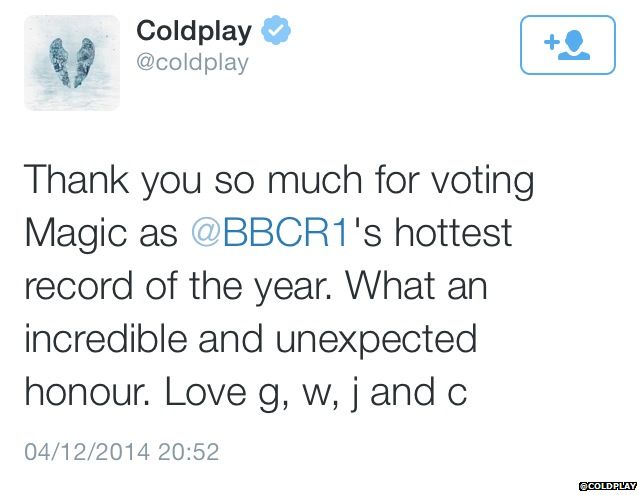 Coldplay tweeted after Magic was voted hottest record