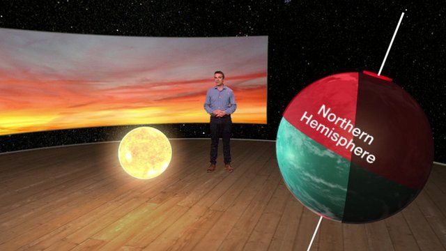 John Hammond with 3d graphics of the Sun and Earth
