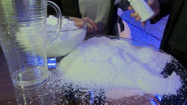 Close up of artificial snow scattered on a table