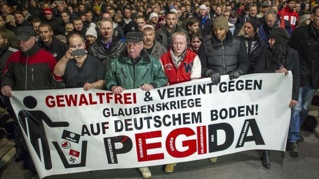 Pegida supporters march in Dresden, Germany on 15 December 2014