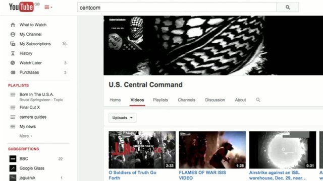The US Centcom Youtube page with an IS header and two IS videos uploaded