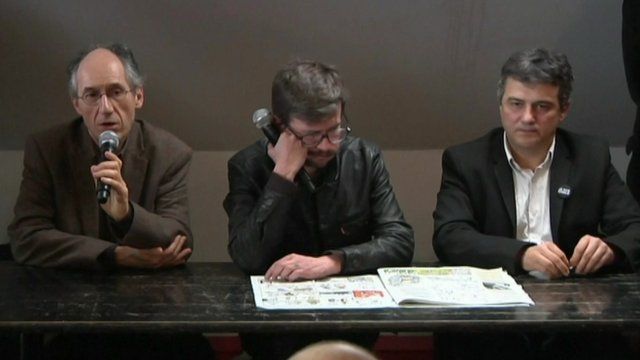 (Left-right) Editor-in-chief of Charlie Hebdo Gerard Biard, cartoonist Renald 'Luz' Luzier and columnist Patrick Pelloux