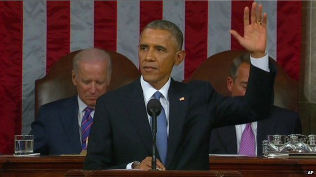 President Obama acknowledging crowd after giving his 2015 State of the Union address