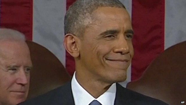 President Obama smiling during his 2015 State of the Union address