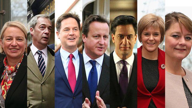 Natalie Bennett, Nigel Farage, Nick Clegg, David Cameron, Ed Miliband, Nicola Sturgeon, Leanne Wood
