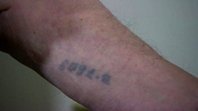 A close-up of Arek Hersh's Auschwitz ID number tattooed onto his arm