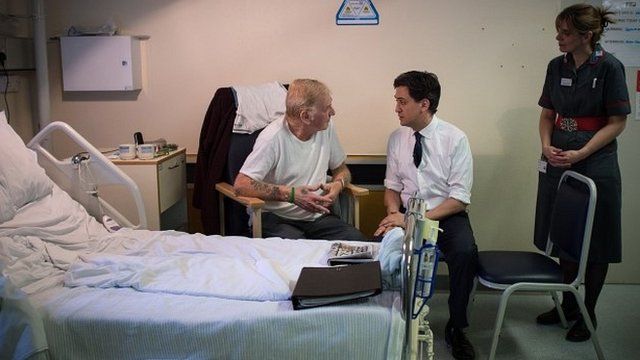 Labour leader Ed Miliband meets Gordon Lole in the Acute Medical Unit during a visit to the George Eliot Hospital in Nuneaton