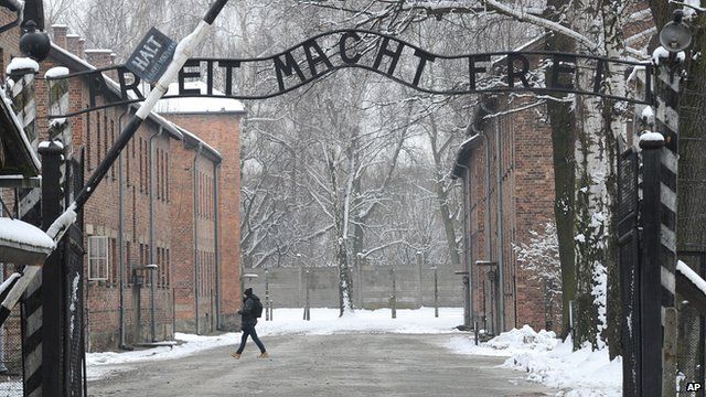 Entrance to the former Nazi Death Camp complex of Auschwitz on 26 January 2015