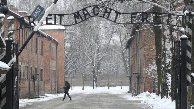 Entrance to the former Nazi Death Camp complex of Auschwitz on 26 January 2015