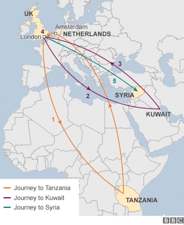 Map showing 'Jihadi John's' movements ahead of his travel to Syria