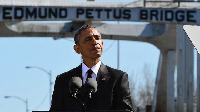 President Obama in front of the Edmund Pettus Bridge