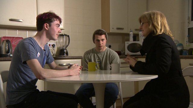 Young people in a flat, with Jayne McCubbin
