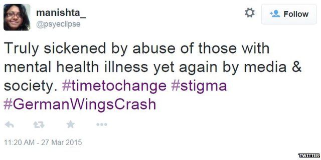 Tweet: "Truly sickened by abuse of those with mental health illness yet again by media & society."