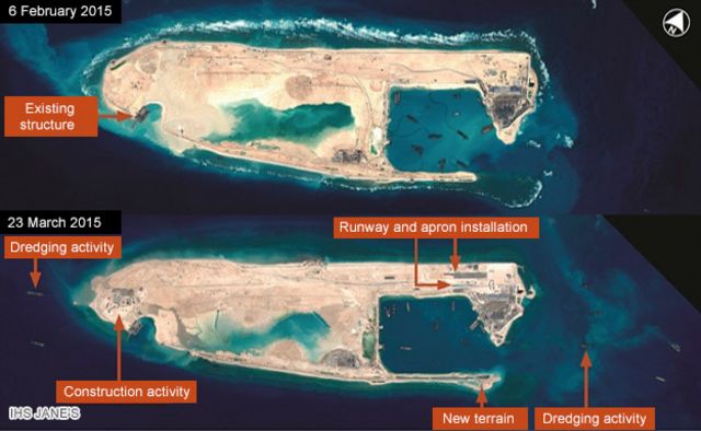 衛星写真ではファイアリー・クロス礁を含む大規模な人工島建設の様子が捉えられている