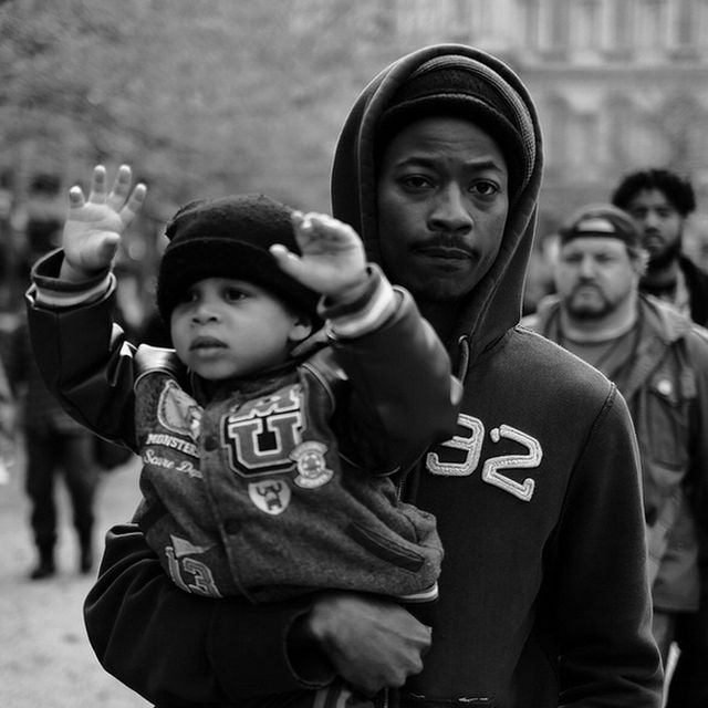 Allen’s work is entirely independent – he says the local paper, the Baltimore Sun, has turned him down in the past. The above photo ended up on a national TV news report. ‘This is a photo of a man and his son at a peaceful protest. But the rest of the report was all about riots and violence.’