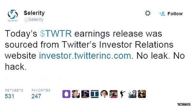 Tweet as seen on Twitter explaining how Selerity got the earnings results early
