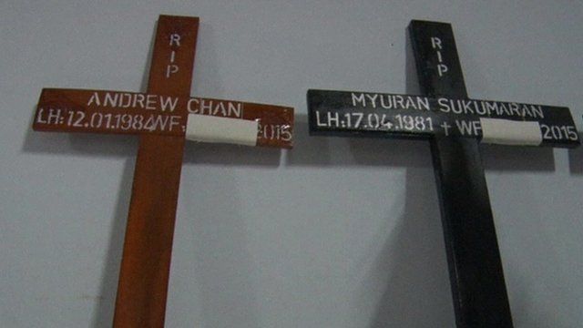 Crosses marking the deaths of Andrew Chan and Myuran Sukumaran