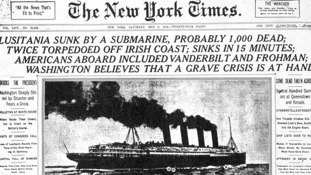 The New York Times reporting on the sinking of the Lusitania