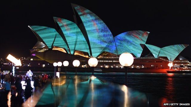 A light show called "Vivid" changes the appearance of the Sydney Opera House in Sydney