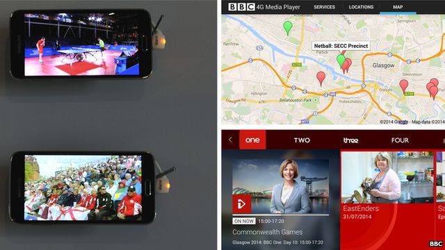 shots of the 4G broadcast app from the bbc