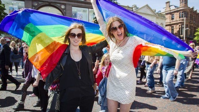 Northern Irish actresses Niamh McGrady and Bronagh Waugh (right) attend a rally in Belfast to show their support for marriage equality on Saturday 13 June 2015
