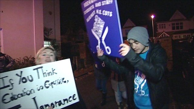 Students rally outside the home of Nick Clegg