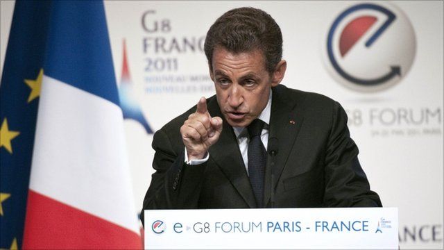 French President Nicolas Sarkozy addresing eG8 delegates in Paris