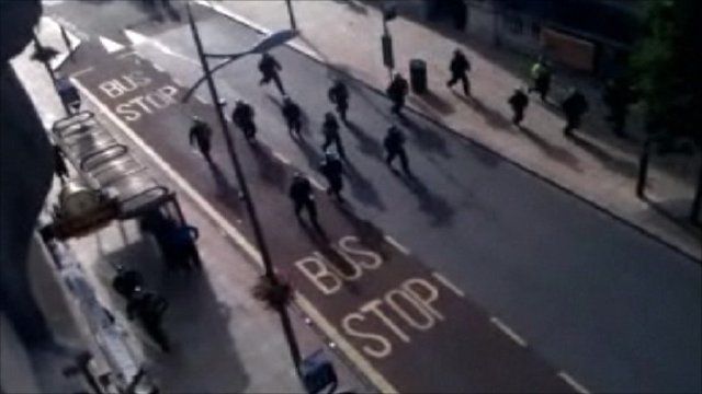 Police fending off a large group in Wolverhampton