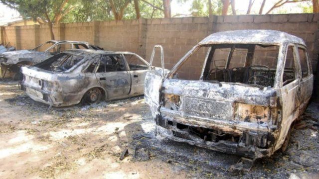 Burnt out cars in the town of Damaturu