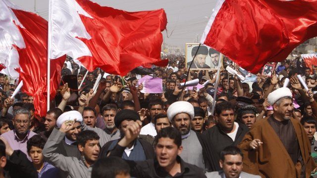 Followers of Shiite cleric Muqtada al-Sadr chant anti-Saudi and Bahraini governments slogans during a demonstration in Basra.