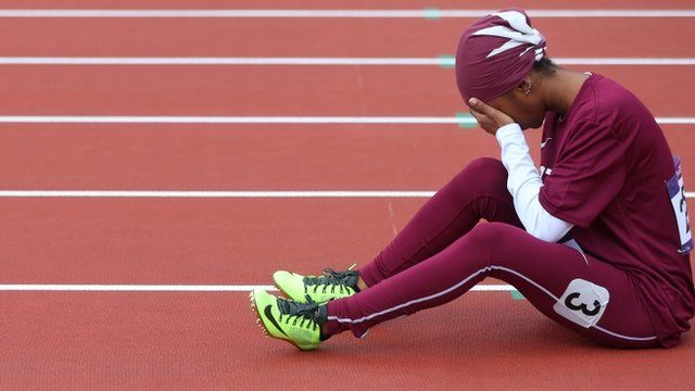 Noor Al-Malki pictured after failing to finish her 100m heat