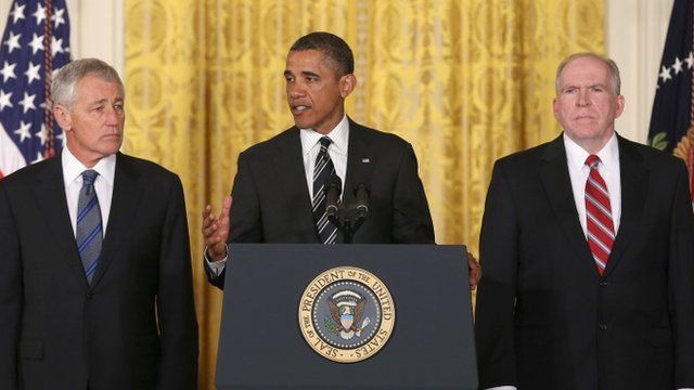 Defence secretary nominee Chuck Hagel, US President Barack Obama and John Brennan, nominee for the role of CIA director