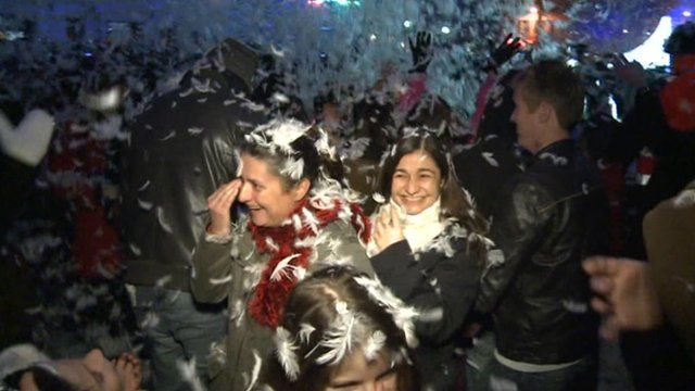 People covered in feathers in Marseille