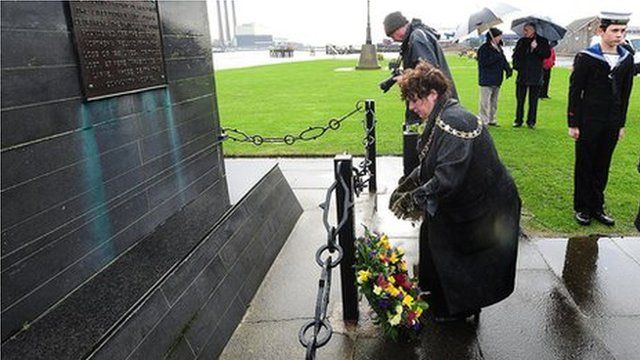 Mayor of Larne, Councillor Gerardine Mulvenna, lays a wreath
