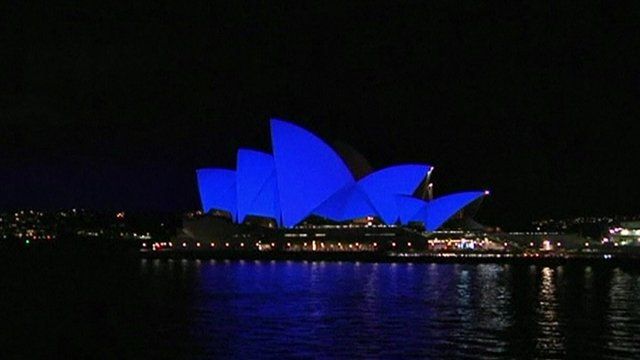 Sydney Opera House in special blue lighting