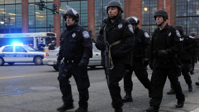 Police on School and Walnut Street on April 19, 2013 in Watertown, Massachusetts