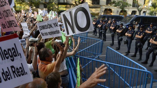 Demonstrators face police in Madrid, Spain